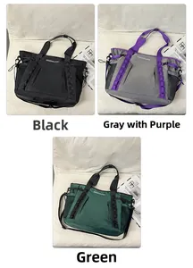 Detailed comparison of waterproof nylon travel bags in black, purple-grey, and green