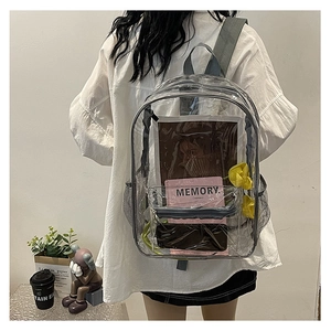 Detail of transparent PVC backpack showing grey mesh side pockets and nylon shoulder straps