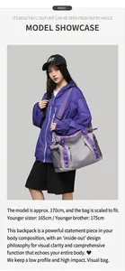 Detail view of large gray sports bag with purple straps on a cross-body model