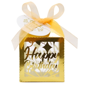 Golden laser cut Happy Birthday candy box with yellow organza ribbon and gift tag