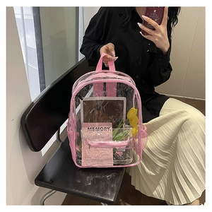 Detail showing pink transparent PVC backpack with durable webbing straps and zip pocket