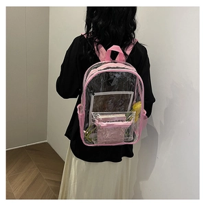 Close-up of transparent PVC backpack with pink trim and adjustable shoulder straps