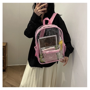 Practical transparent pink PVC backpack with large capacity worn by a model in detail