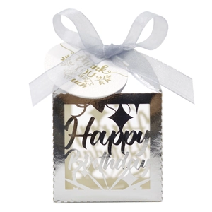 Silver laser-cut Happy Birthday favor box with white ribbon and Thank You tag