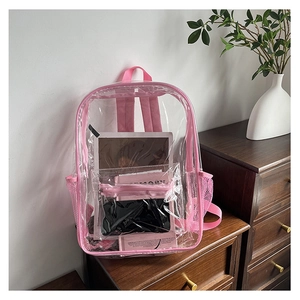 Detail of pink mesh side pockets and clear PVC material on stylish transparent backpack