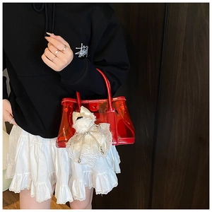 Sac seau rouge en PVC transparent avec pendentif chien en peluche et poignée chic