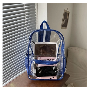 Detail of transparent PVC backpack with bright blue trim and side mesh pocket detail