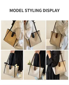 Close-up of woven straw tote bags in various colors featuring leather straps and button closure