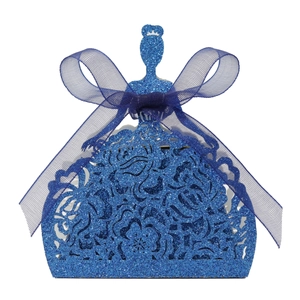 Detailed laser-cut hollow blue glitter princess dress favor box with a tulle bow decoration