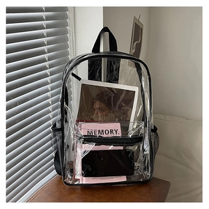 Macro view showing transparent PVC backpack interior with notebooks and black mesh pocket
