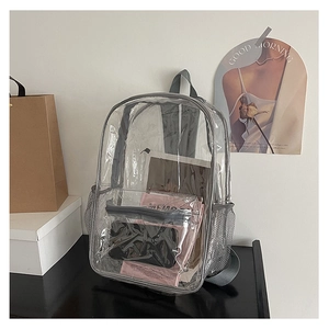 Detail view of transparent PVC backpack with grey mesh side pockets and front zipper pocket