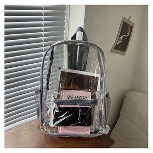 Detailed macro of a transparent PVC backpack featuring gray mesh pockets and webbing straps