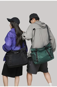 Detail of high-density nylon messenger bags with mesh pockets and adjustable straps