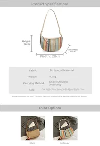 Detailed size specifications for a woven half-moon crossbody bag with PU material