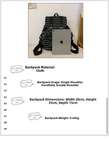 Size comparison of striped canvas backpack showing dimensions 28x35x15cm with a tablet