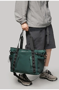 Detail of army green travel bag showing waterproof nylon texture and tactical straps