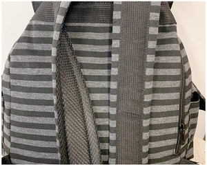 Detailed back view of striped backpack showing breathable mesh straps and hidden zipper pocket
