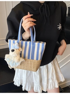 Women Striped Canvas Splicing Straw Bucket Bag Summer Beach Handbag With Plush Charm Shoulder Crossbody Bag Casual Tote Bag