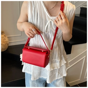 Detail of red lychee textured crossbody bag with gold hardware and top handle