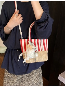 Striped canvas and straw woven tote bag with cute plush lamb charm for summer leisure