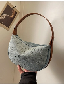 Vintage Canvas Denim Hobo Bag For Women With Rhinestone Studded Grid Pattern Casual Shoulder Bag Underarm Purse Travel