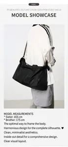 Sac de voyage en nylon noir sur modèle montrant la grande capacité et la bandoulière
