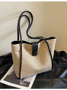 Women PU Polyester Contrast Woven Tote Bag Large Capacity Casual Shoulder Bag Summer Minimalist Vacation Commuter Handbag