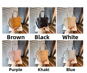 Collage of six retro faux crocodile texture bucket bags in brown, black, white, and more