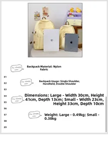 Tableau des tailles pour sac à dos en nylon en tailles large et petite avec poids et mesures