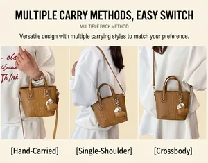 Detailed views of a brown crocodile texture mini tote bag with heart pendant