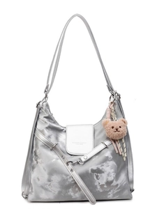 Metallic silver hobo bag with adjustable straps and cute brown bear pendant accessory