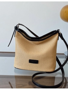 Niche Woven Straw Underarm Bag Women Fashion PU Leather Trim Shoulder Bucket Bag Casual Vacation Crossbody Tote Bag