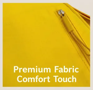 Detailed close-up of yellow nylon fabric with matching resin zipper and braided drawstring