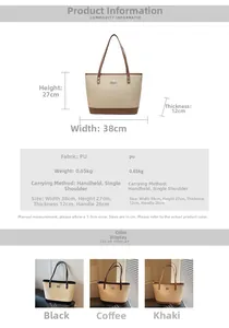 Detailed size chart for straw tote bag showing 38x27x12cm dimensions and PU handle specs