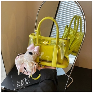 Sac seau transparent jaune néon avec pochette interne et breloque chiot peluche