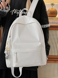 Minimalist white nylon backpack for women with Hoog embroidery and cute bear charm