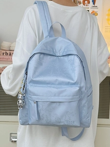Light blue floral jacquard nylon backpack with cute silver bear pendant and side pockets