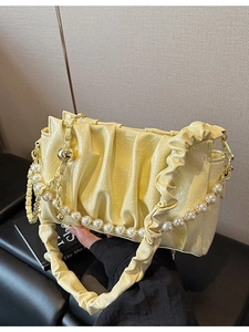 Women Ruched Crossbody Bag Shiny PU Leather Artificial Pearl Chain Shoulder Bag Fashion Elegant Cloud Underarm Bag For Daily Use