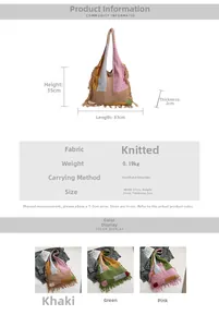 Detail view of the colorful tassel knitted tote bag showing its texture and dimensions