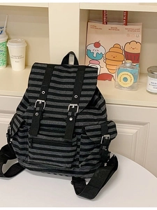 Retro striped canvas backpack for women with flap buckle closure and large capacity