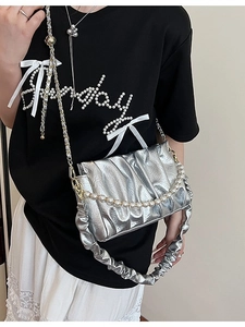 Silver metallic pleated cloud bag with pearl chain strap and matching wide shoulder strap
