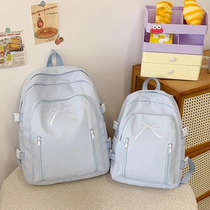 Détail de l'ensemble sac à dos bleu clair avec broderie élégante de nœud blanc