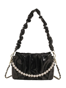 Fashionable black pleated ruched shoulder bag with white pearl strap and metal chain