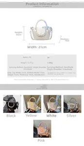 Size chart showing PU handbag dimensions of 21x13x10cm with strap and carrying options