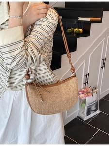 2026 New Women Woven Shoulder Bag Casual Crossbody Bag Bohemian Dumpling Handbag PU Mixed Material Retro Chic Leisure Bag