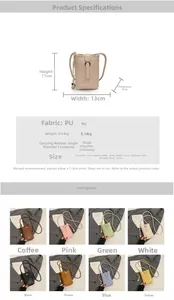 Tableau des tailles et sélection de couleurs pour ce mini sac seau vintage en cuir PU