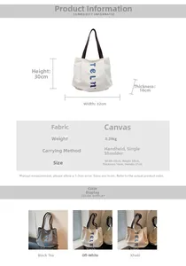 Detailed size specifications for canvas tote bag with 32x30x16cm dimensions and blue logo