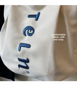 Detail of high-quality canvas fabric with TelM. embroidery on a large tote bag