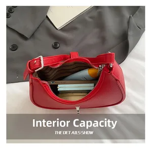 Internal capacity of red litchi grain shoulder bag with phone and cosmetics