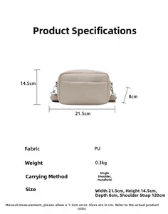 Detailed size chart for the PU leather crossbody bag showing dimensions 21.5x14.5x8 cm